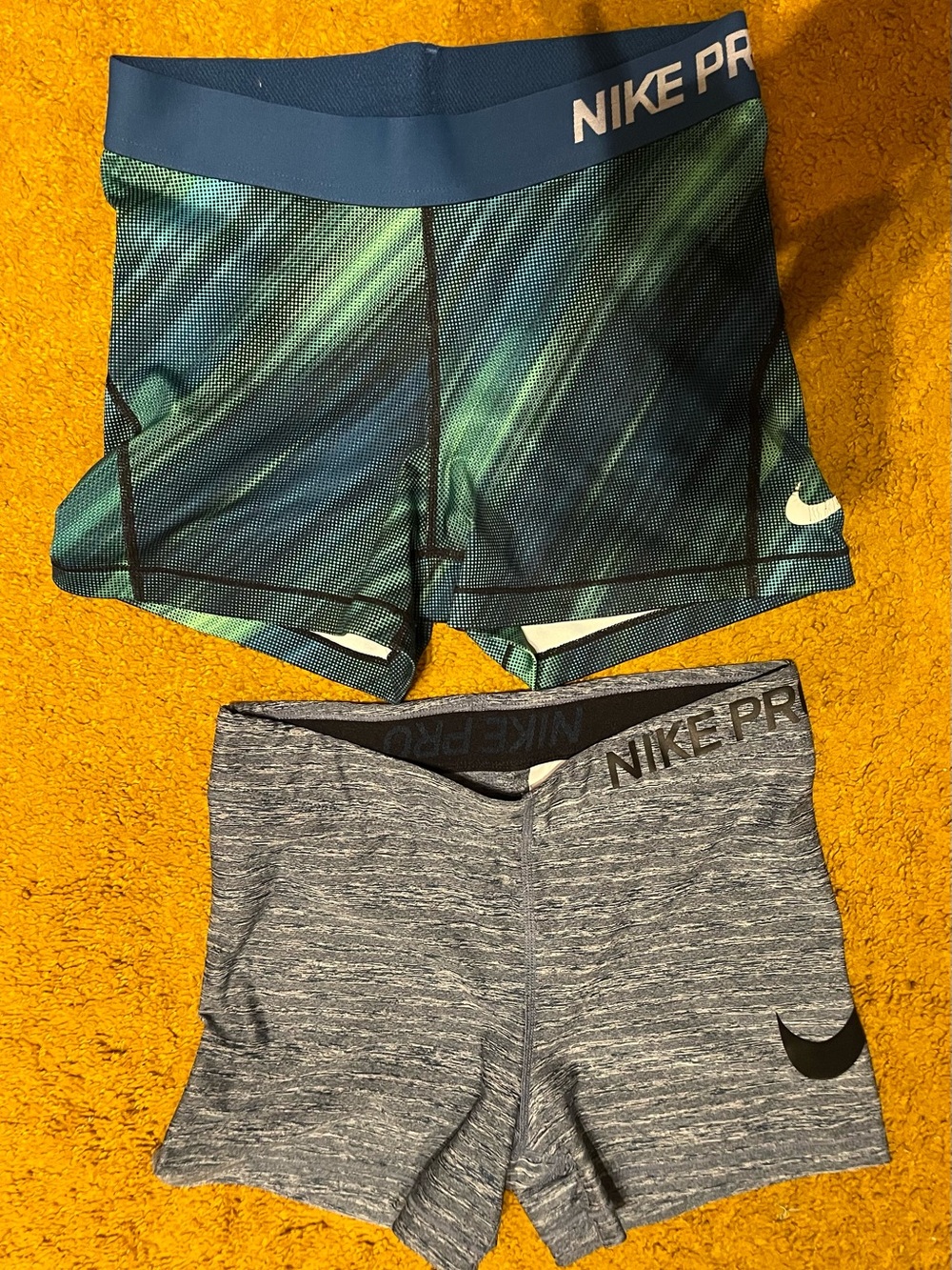 2 Nike Dri-FIT Women's Athletic Shorts: Blue/Green & Heather gray size SMALL